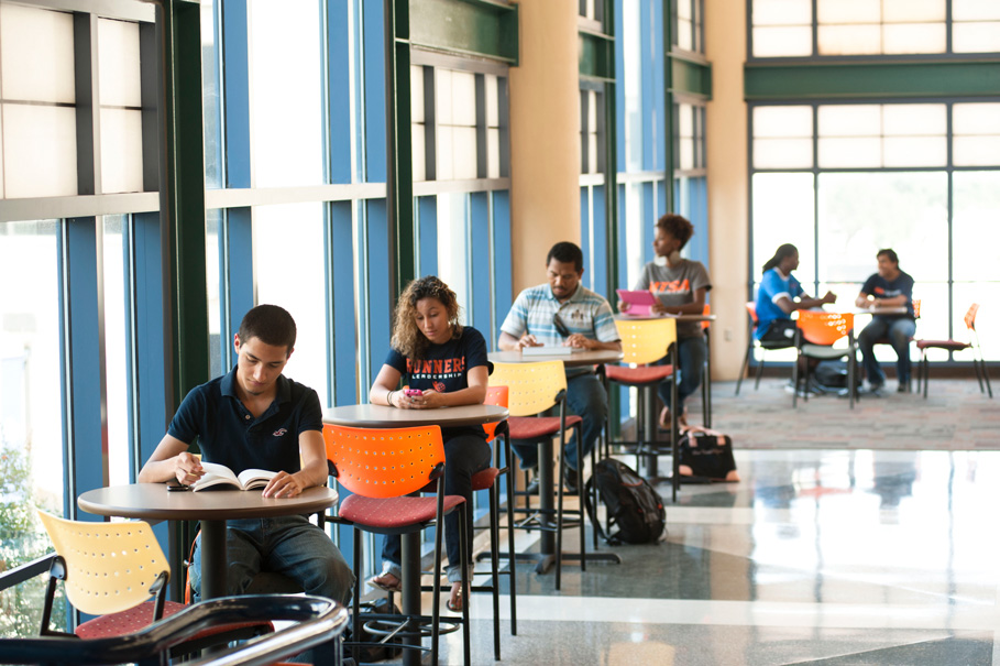 Students at North Paseo Building studying in lobby