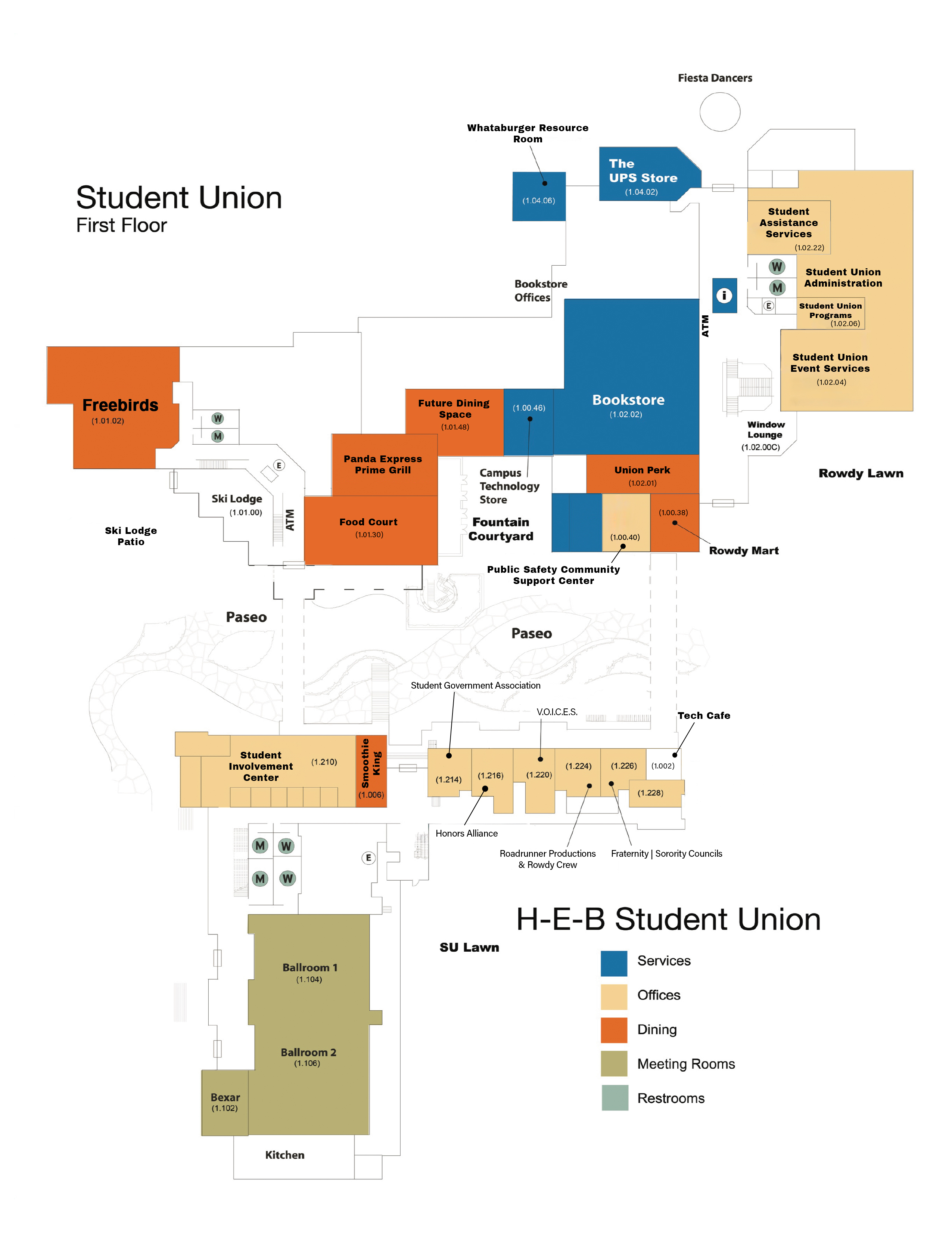 A map of the Student Union and H-E-B Student Union first floors showing the locations of key offices, services and meeting spaces.