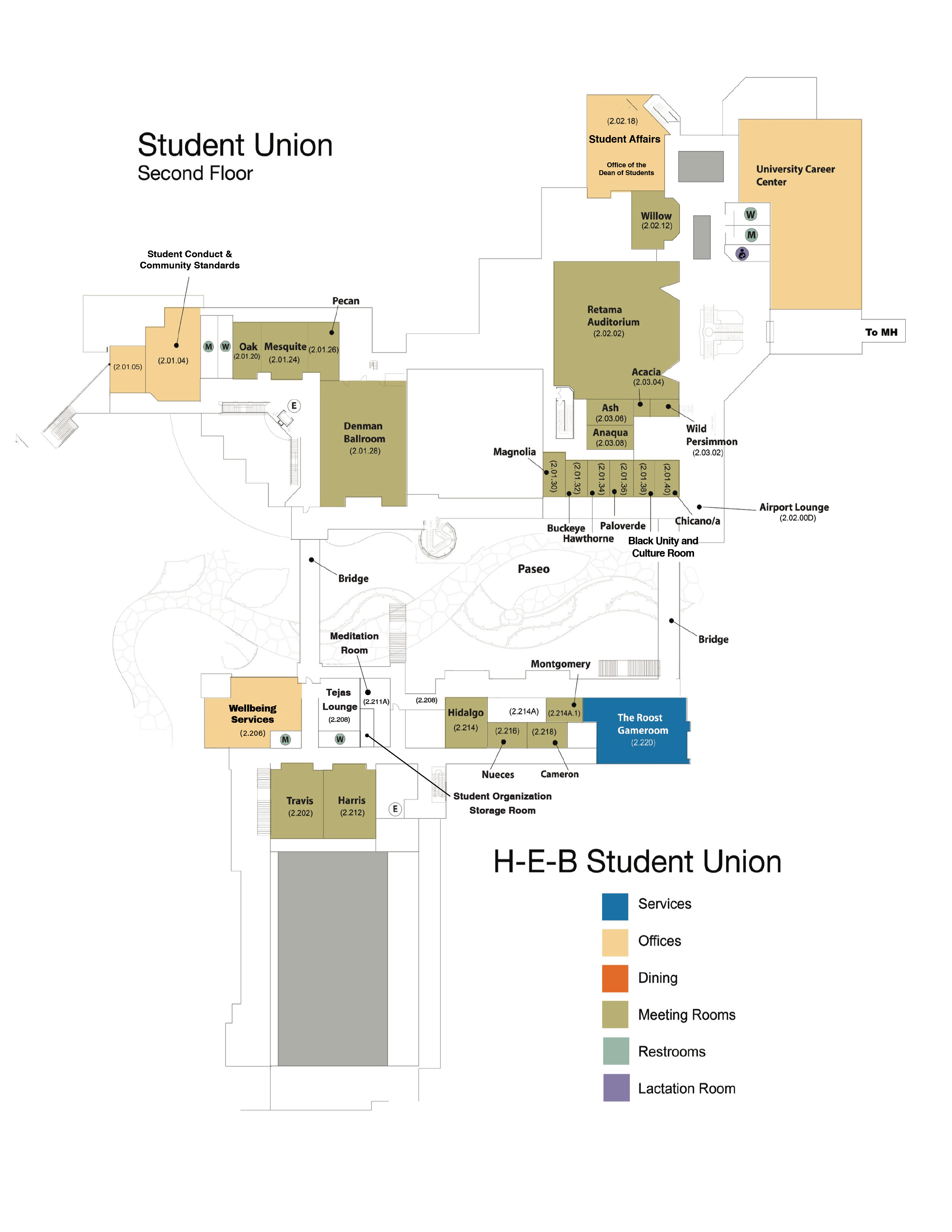 A map of the Student Union and H-E-B Student Union first floors showing the locations of key offices, services and meeting spaces.