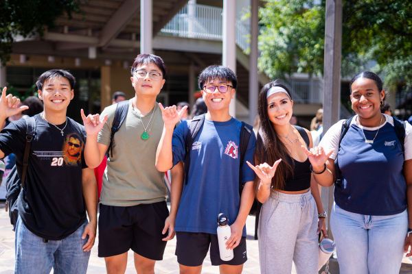 five UTSA students making the UTSA birds up hand gesture